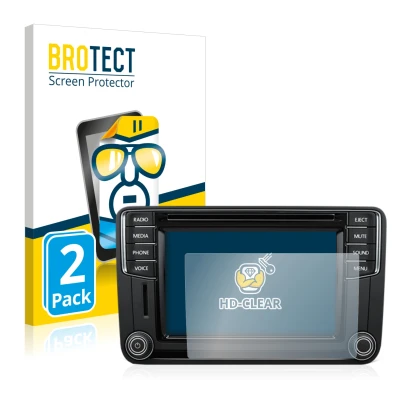 Front side of a product packaging with the brand logo BROTECT. Next to it is the device Volkswagen T6 2015 Discover Media Plus