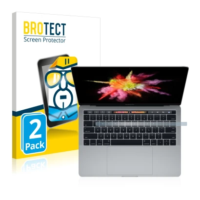 Front side of a product packaging with the brand logo BROTECT. Next to it is the device Apple MacBook Pro 13" 2017 (Lower disp