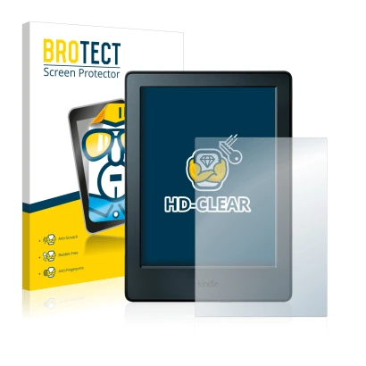 Front side of a product packaging with the brand logo BROTECT. Next to it is the device Amazon Kindle 2016 (8th Gen.) shown wi