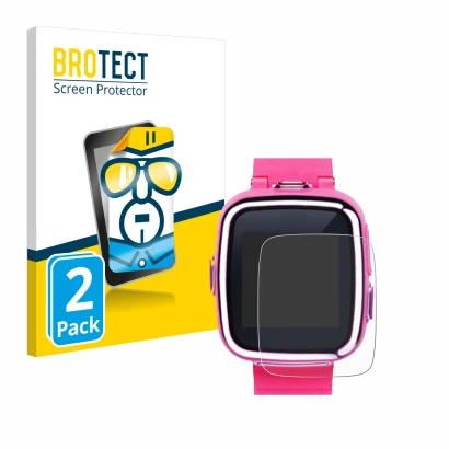 Front side of a product packaging with the brand logo BROTECT. Next to it is the device Vtech Kidizoom Smart Watch 2 shown wit
