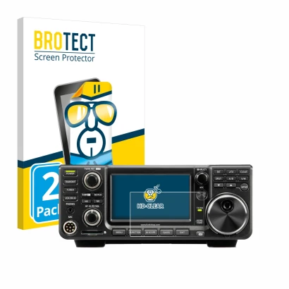 Front side of a product packaging with the brand logo BROTECT. Next to it is the device Icom IC-7300 shown with the correspond