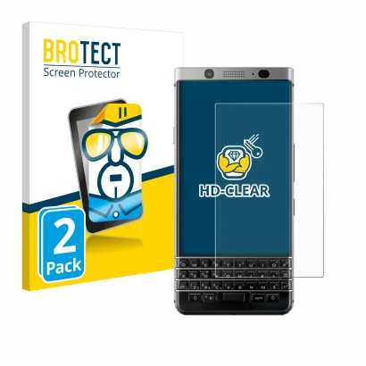 Front side of a product packaging with the brand logo BROTECT. Next to it is the device BlackBerry Keyone shown with the corre