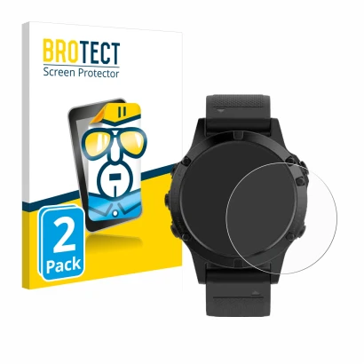 Front side of a product packaging with the brand logo BROTECT. Next to it is the device Garmin Fenix 5 (47 mm) shown with the