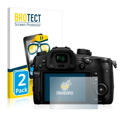 Front side of a product packaging with the brand logo BROTECT. Next to it is the device Panasonic Lumix DC-GH5 shown with the