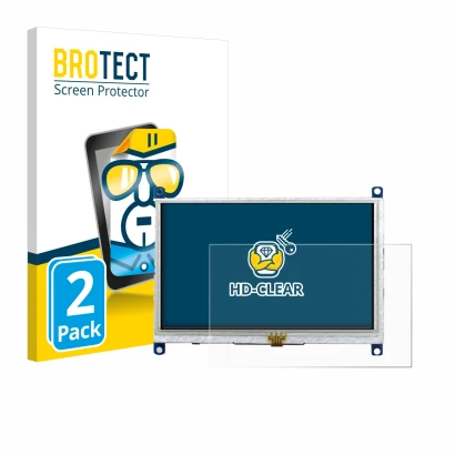 Front side of a product packaging with the brand logo BROTECT. Next to it is the device Raspberry Pi Touchscreen 5" shown with