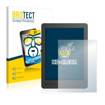 Front side of a product packaging with the brand logo BROTECT. Next to it is the device Kobo Aura Edition 2 shown with the cor
