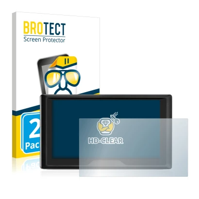 Front side of a product packaging with the brand logo BROTECT. Next to it is the device Garmin Drive 61 LMT-S shown with the c