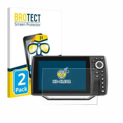 Front side of a product packaging with the brand logo BROTECT. Next to it is the device Humminbird Helix 7 shown with the corr
