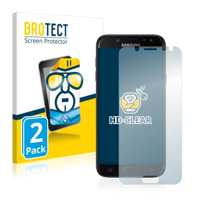 Front side of a product packaging with the brand logo BROTECT. Next to it is the device Samsung Galaxy J5 2017 shown with the 