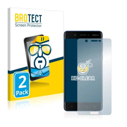Front side of a product packaging with the brand logo BROTECT. Next to it is the device Nokia 5 shown with the corresponding s