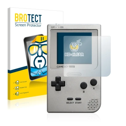 Front side of a product packaging with the brand logo BROTECT. Next to it is the device Nintendo Gameboy Pocket shown with the