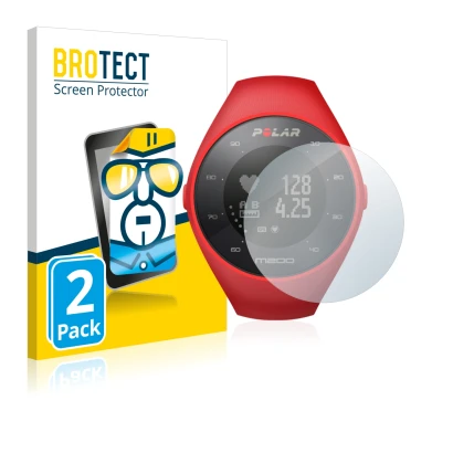 Front side of a product packaging with the brand logo BROTECT. Next to it is the device Polar M200 shown with the correspondin