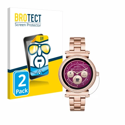Front side of a product packaging with the brand logo BROTECT. Next to it is the device Michael Kors Access Sofie shown with t