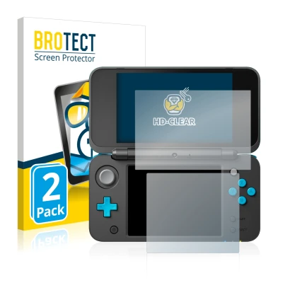 Front side of a product packaging with the brand logo BROTECT. Next to it is the device Nintendo 2DS XL shown with the corresp