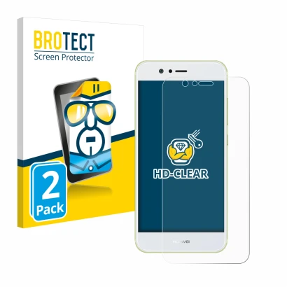Front side of a product packaging with the brand logo BROTECT. Next to it is the device Huawei Nova 2 shown with the correspon