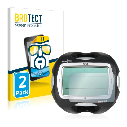 Front side of a product packaging with the brand logo BROTECT. Next to it is the device Mares Nemo Wide 2 shown with the corre
