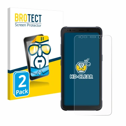 Front side of a product packaging with the brand logo BROTECT. Next to it is the device Samsung Galaxy S8 Active shown with th