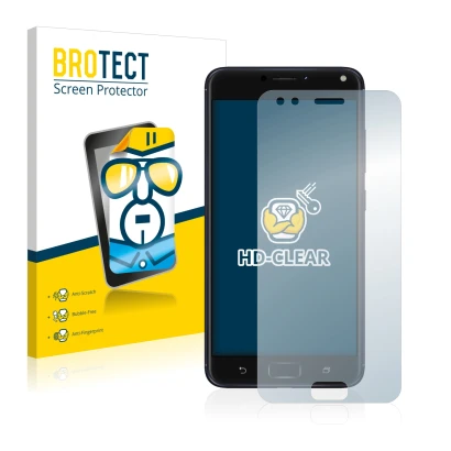 Front side of a product packaging with the brand logo BROTECT. Next to it is the device ASUS ZenFone 4 ZE554KL shown with the