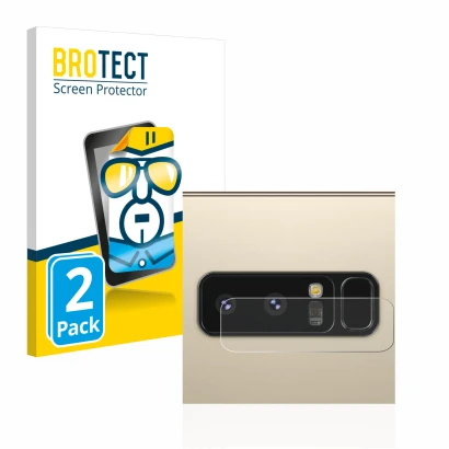 Front side of a product packaging with the brand logo BROTECT. Next to it is the device Samsung Galaxy Note 8 (ONLY Camera Len