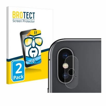 Front side of a product packaging with the brand logo BROTECT. Next to it is the device Apple iPhone X (ONLY Camera Lens) show