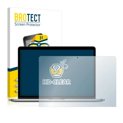 Front side of a product packaging with the brand logo BROTECT. Next to it is the device Apple MacBook Pro 13" 2017 shown with