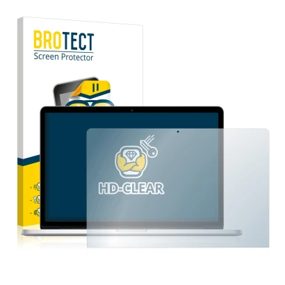Front side of a product packaging with the brand logo BROTECT. Next to it is the device Apple MacBook Pro 15" 2017 shown with