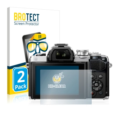 Front side of a product packaging with the brand logo BROTECT. Next to it is the device Olympus OM-D E-M10 Mark III shown with