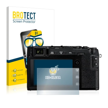 Front side of a product packaging with the brand logo BROTECT. Next to it is the device Fujifilm X-E3 shown with the correspon