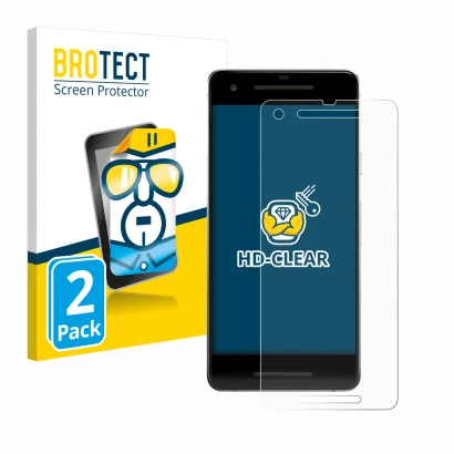 Front side of a product packaging with the brand logo BROTECT. Next to it is the device Google Pixel 2 shown with the correspo