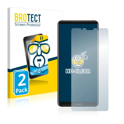 Front side of a product packaging with the brand logo BROTECT. Next to it is the device Huawei Mate 10 Pro shown with the corr