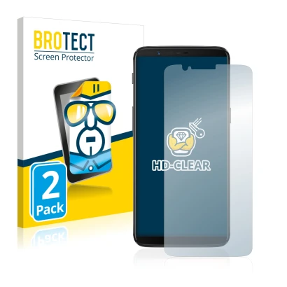 Front side of a product packaging with the brand logo BROTECT. Next to it is the device OnePlus 5T shown with the correspondin