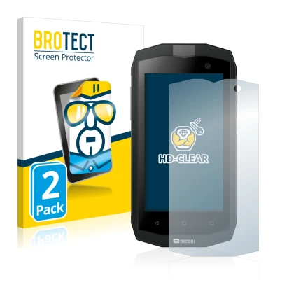 Front side of a product packaging with the brand logo BROTECT. Next to it is the device Crosscall Trekker M1 Core shown with t