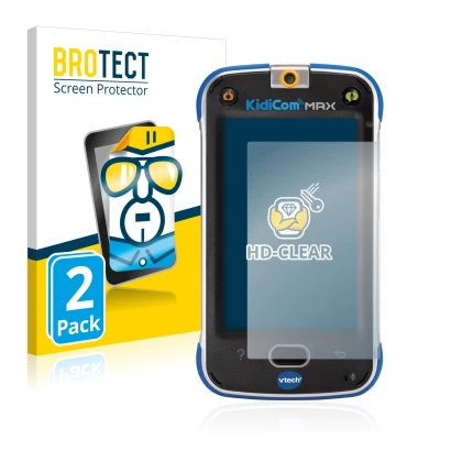 Front side of a product packaging with the brand logo BROTECT. Next to it is the device Vtech Kidicom Max shown with the corre