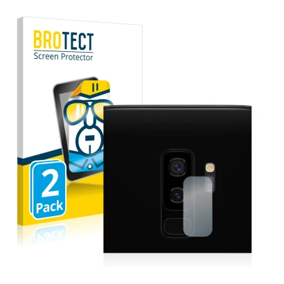 Front side of a product packaging with the brand logo BROTECT. Next to it is the device Samsung Galaxy S9 Plus (ONLY Camera Le