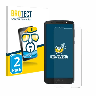 Front side of a product packaging with the brand logo BROTECT. Next to it is the device Motorola Moto G6 Plus shown with the c