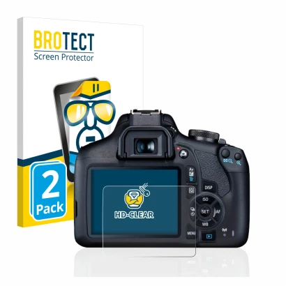 Front side of a product packaging with the brand logo BROTECT. Next to it is the device Canon EOS 2000D shown with the corresp