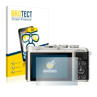 Front side of a product packaging with the brand logo BROTECT. Next to it is the device Olympus PEN E-PL9 shown with the corre