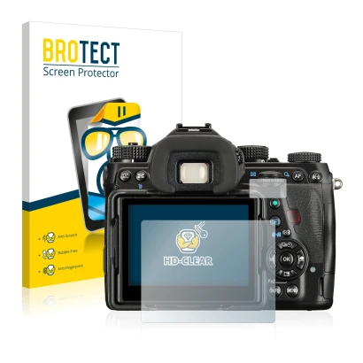 Front side of a product packaging with the brand logo BROTECT. Next to it is the device Pentax K-1 Mark II shown with the corr