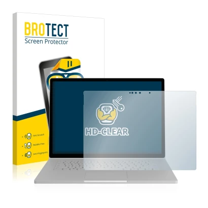 Front side of a product packaging with the brand logo BROTECT. Next to it is the device Microsoft Surface Book 2 15" shown wit