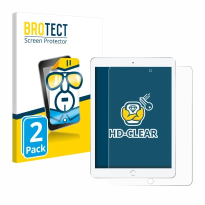 Front side of a product packaging with the brand logo BROTECT. Next to it is the device Apple iPad 9.7" 2018 (6th. Gen.) shown