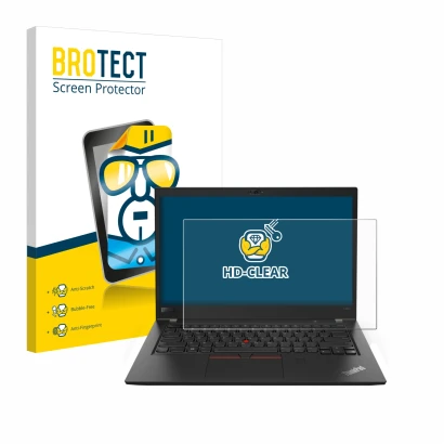 Front side of a product packaging with the brand logo BROTECT. Next to it is the device Lenovo ThinkPad T480s shown with the c