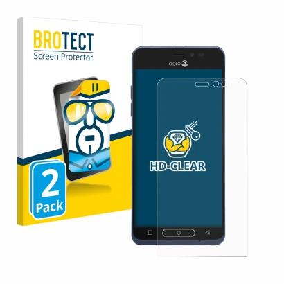 Front side of a product packaging with the brand logo BROTECT. Next to it is the device Doro 8035 shown with the corresponding
