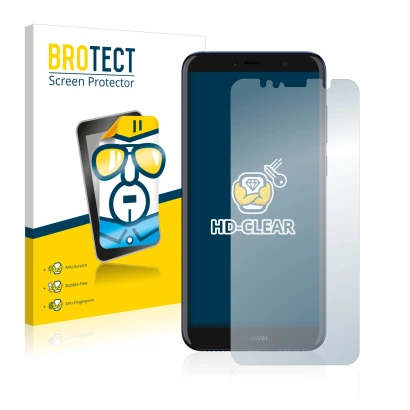 Front side of a product packaging with the brand logo BROTECT. Next to it is the device Huawei Y6 2018 shown with the correspo