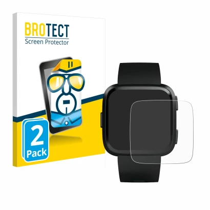 Front side of a product packaging with the brand logo BROTECT. Next to it is the device Fitbit Versa shown with the correspond