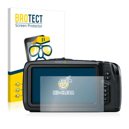Front side of a product packaging with the brand logo BROTECT. Next to it is the device Blackmagic Pocket Cinema Camera 4K sho