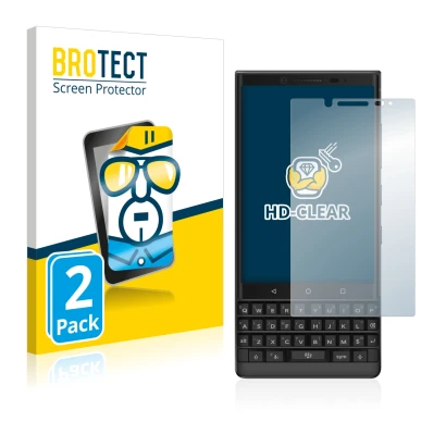 Front side of a product packaging with the brand logo BROTECT. Next to it is the device BlackBerry Key2 shown with the corresp