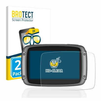 Front side of a product packaging with the brand logo BROTECT. Next to it is the device TomTom Rider 550 shown with the corres