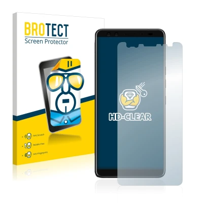 Front side of a product packaging with the brand logo BROTECT. Next to it is the device HTC U12 Plus shown with the correspond