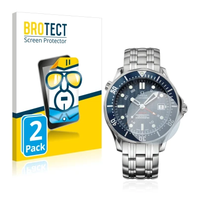 Front side of a product packaging with the brand logo BROTECT. Next to it is the device Omega Seamaster Diver (41 mm) shown wi