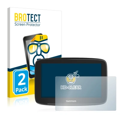 Front side of a product packaging with the brand logo BROTECT. Next to it is the device TomTom GO Basic 5" shown with the corr